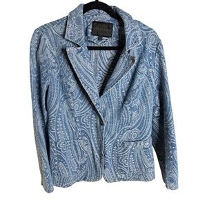 Solitaire Women’s Paisley Denim Blazer Jacket, Size Med Cotton Blend W/ Pockets